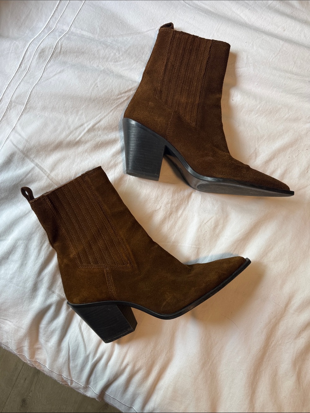 Zara Brown Suede Pointed-Toe Block Heel Ankle Booties